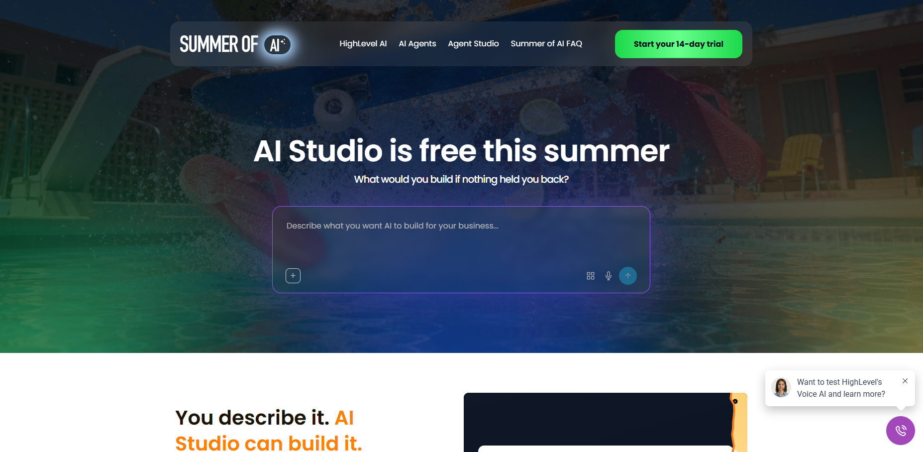 HighLevel Summer of AI offer page showing AI Studio and 14-day trial